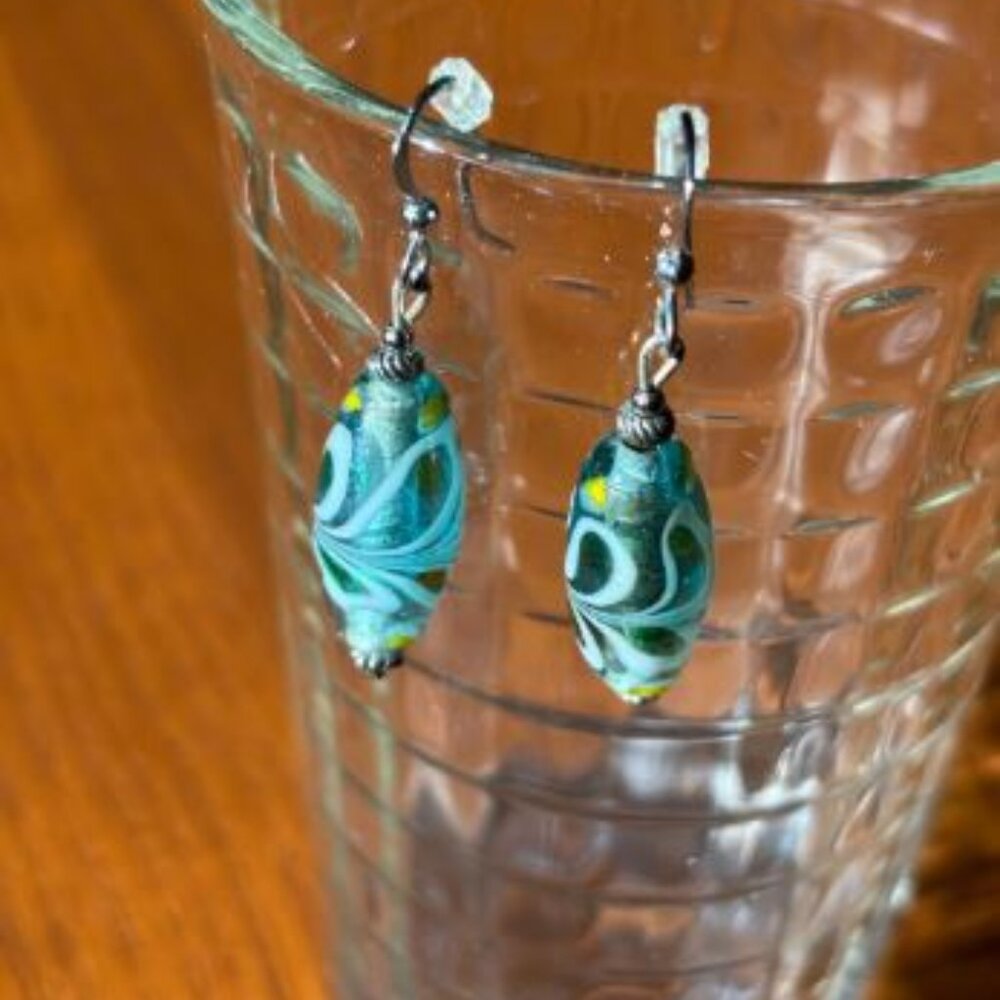 Art Glass Bead Earrings Murano Style Aqua Blue Beads Dangle Pierced Silver Plate